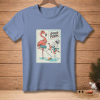 Flamingo and melting snowman with text "GOOD FORM." on a t-shirt.