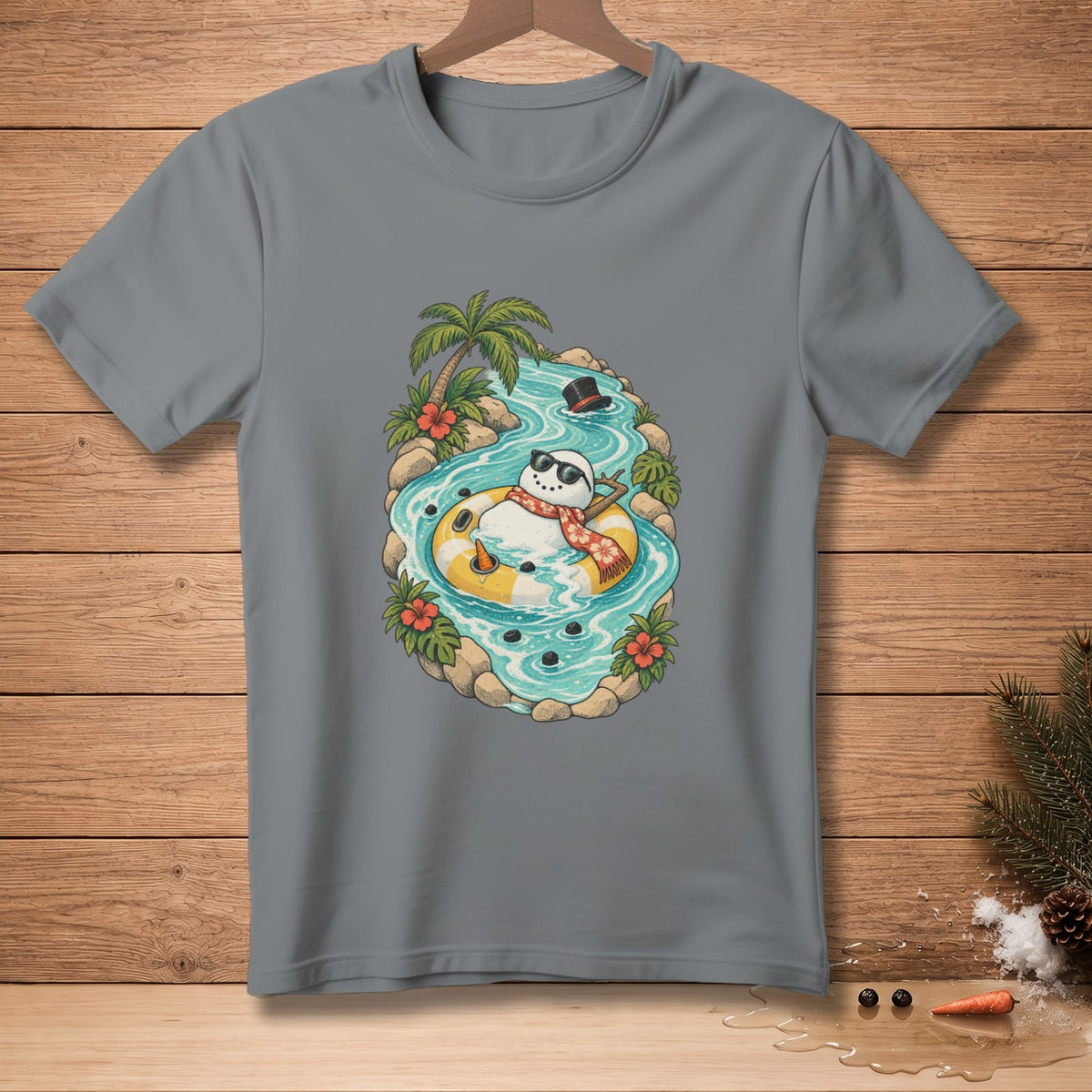 Snowman in a float on a river with sunglasses and a scarf.