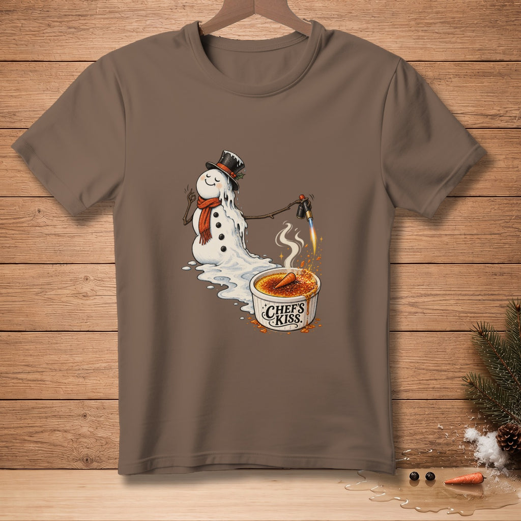 Melting snowman with torch caramelizing crème brûlée with "Chef's Kiss" text.