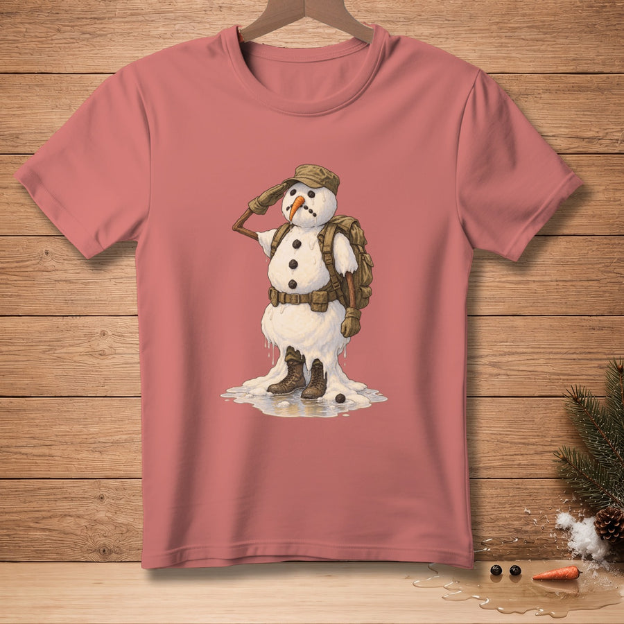 Snowman wearing military gear, saluting, with melting snow at its feet.