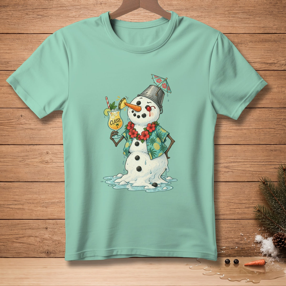 Melting snowman in Hawaiian shirt holds cocktail with text "CLASSY".