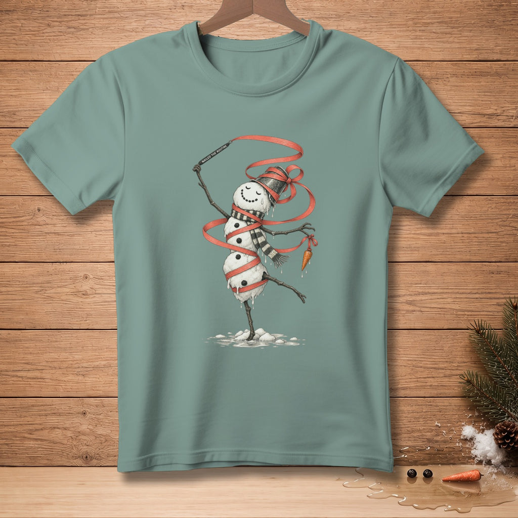 Melting snowman with carrot nose dancing with red ribbon and text "NAILED THE ROUTINE".