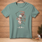 Melting snowman with carrot nose dancing with red ribbon and text "NAILED THE ROUTINE".