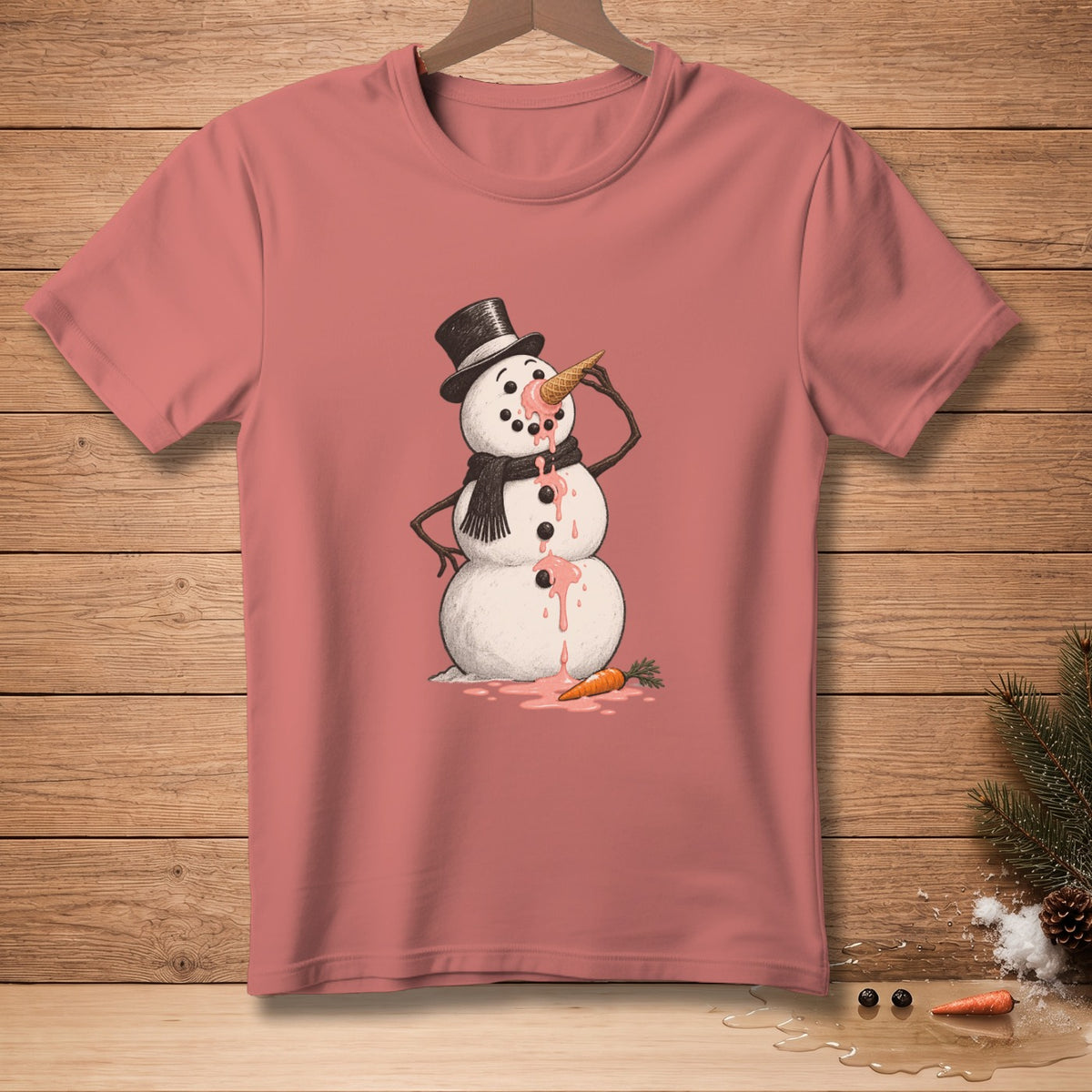 Melting snowman wearing a top hat and scarf, eating an ice cream cone.