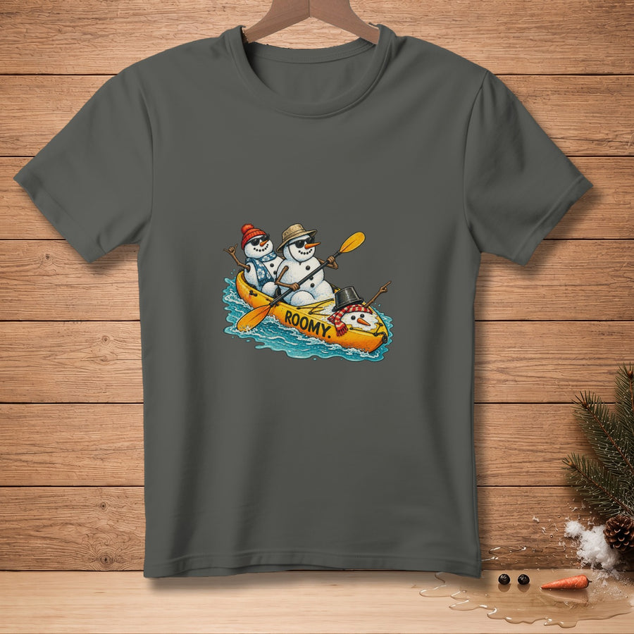 Three snowmen in a kayak on water, with text "ROOMY".