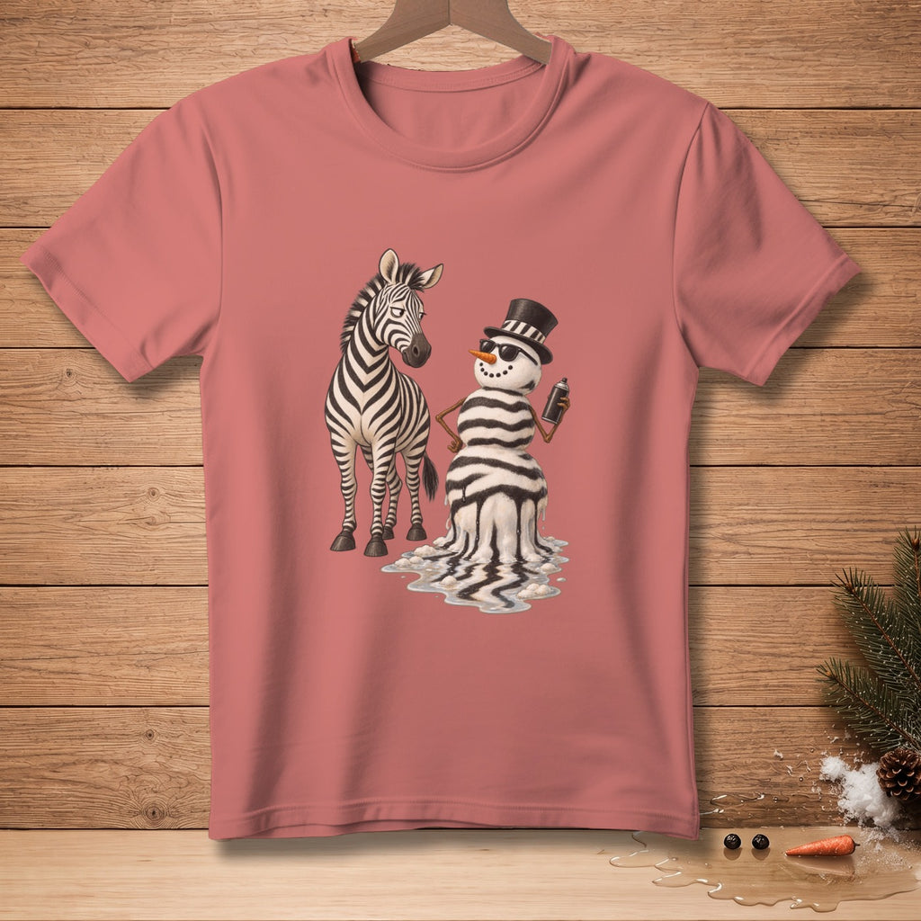 Zebra and melting snowman wearing a top hat and sunglasses, holding spray paint.