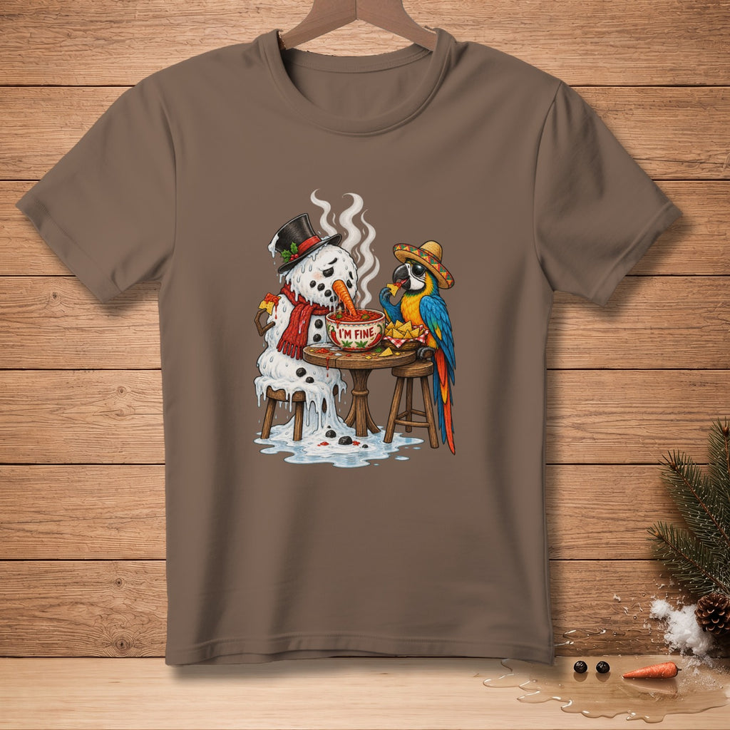 Melting snowman and parrot with chips and salsa, saying "I'm Fine."
