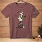 Snowman juggling coconuts while riding a unicycle with "MULTITASKING" on the wheel.