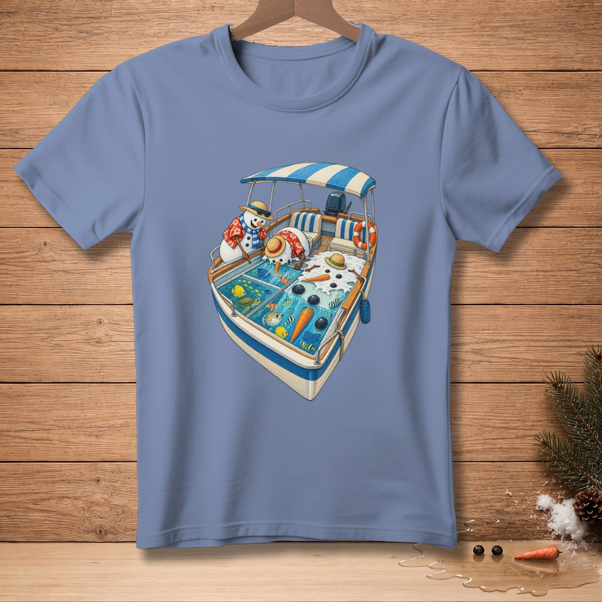 Two snowmen in a boat with fish and carrots.