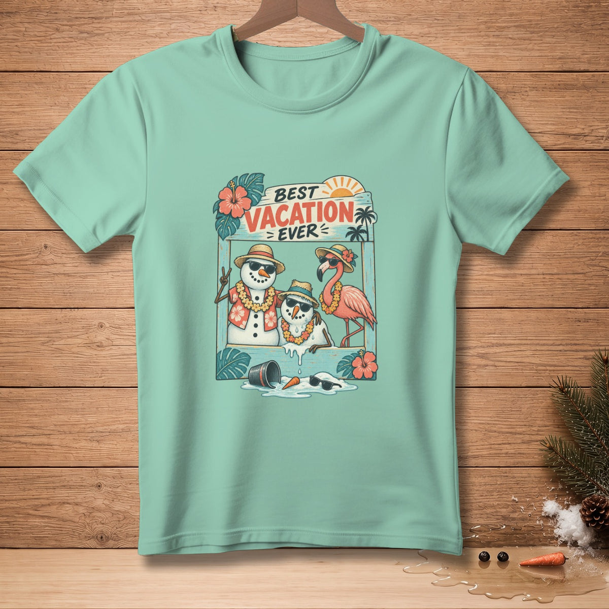 T-shirt with cartoon snowmen and flamingo on vacation, "Best Vacation Ever" text.