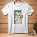 White t-shirt with graphic of melting snowmen with a surfboard in an elevator.