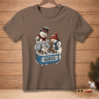 Snowmen with beers in cooler with "GENIUS" text on brown t-shirt.