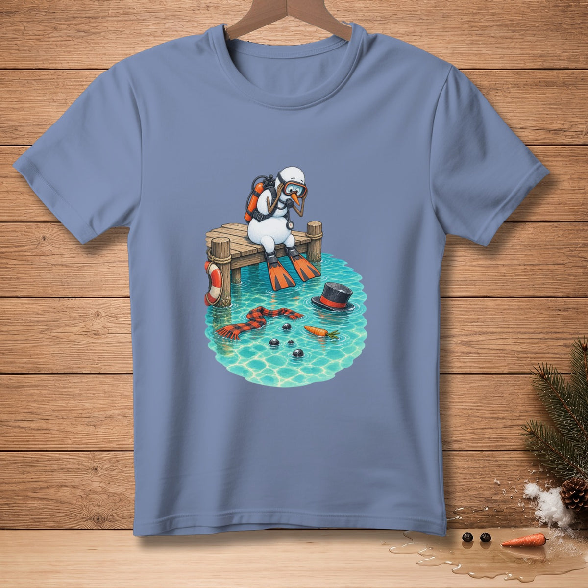 Snowman with scuba gear sitting on a dock by a pool with a floating scarf and hat.