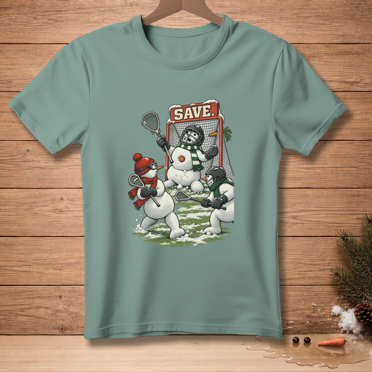 Three snowmen playing lacrosse in the snow, with "SAVE." text above a net.