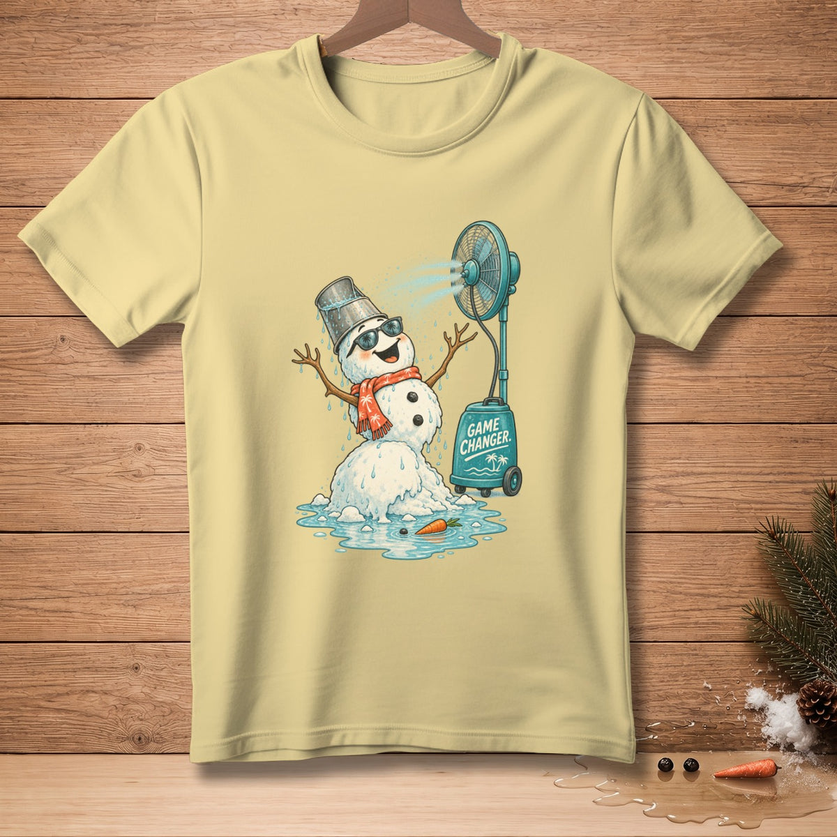 Melting snowman with fan and text "GAME CHANGER."