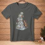 Snowman made of faceted ice melts beside an armadillo on a gray t-shirt.