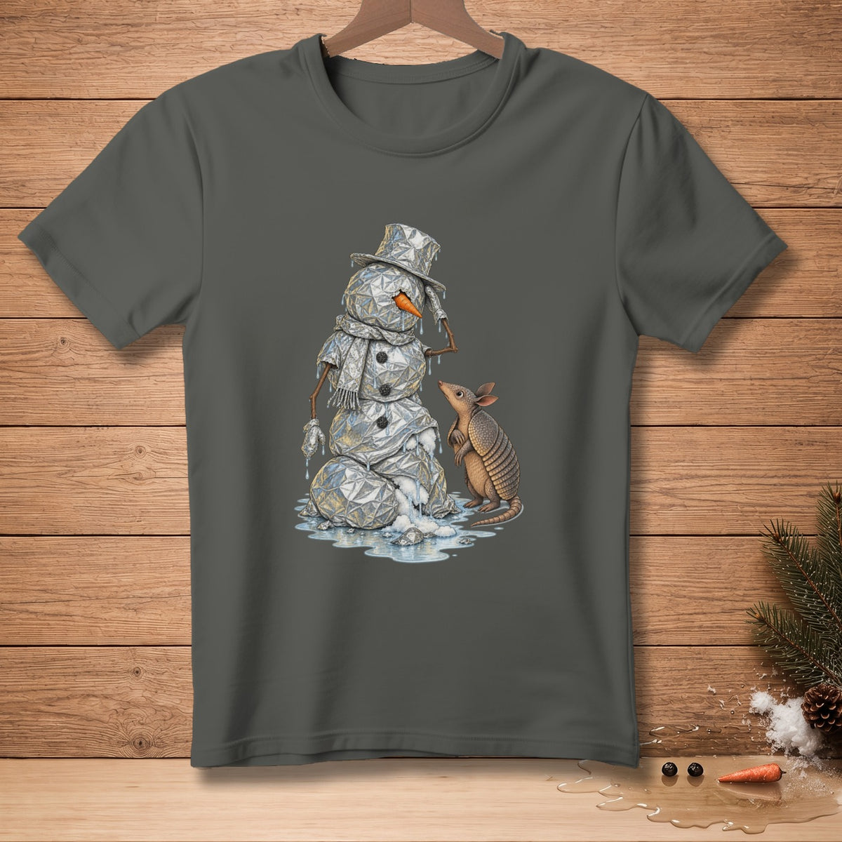 Snowman made of faceted ice melts beside an armadillo on a gray t-shirt.