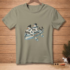 Two snowmen rowing a canoe with "PULL!" text on a t-shirt.