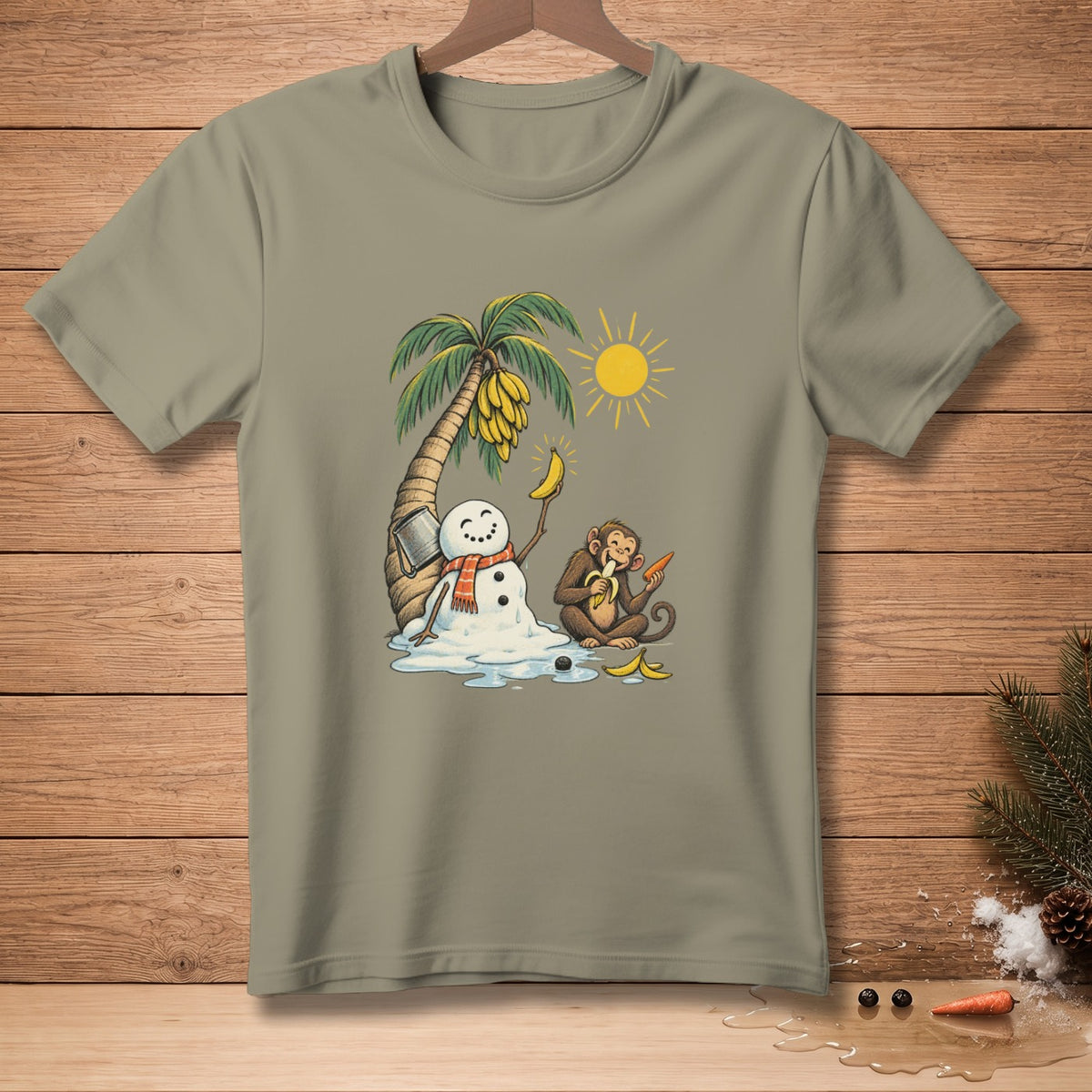Cartoon of a melting snowman with a scarf and a monkey eating a banana.