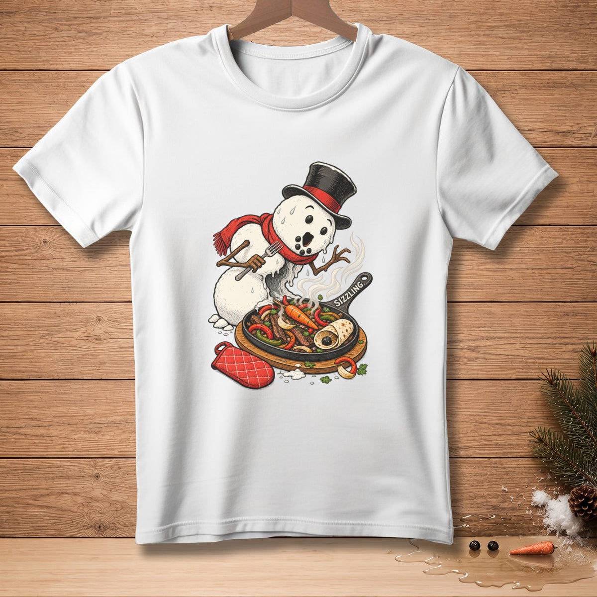 Snowman in a top hat and scarf eating sizzling fajitas from a skillet.