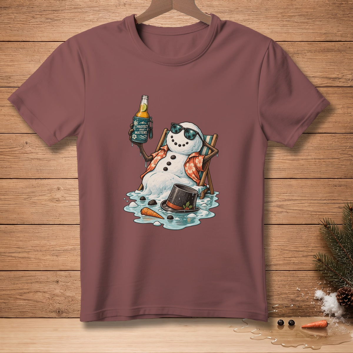 Melting snowman in lounge chair holding beer with text "Protect What Matters."