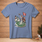 Snowmen playing golf with a windmill, flag reads "Hole in One".