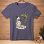 Melting snowman with umbrellas next to a chameleon on a branch.