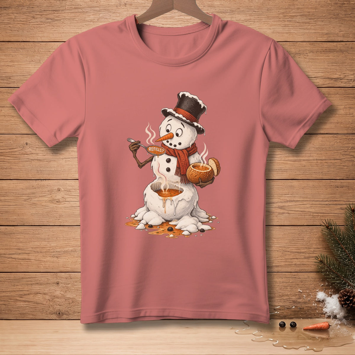 Snowman in top hat and scarf melting, holding soup with "REFILLS?" on spoon.