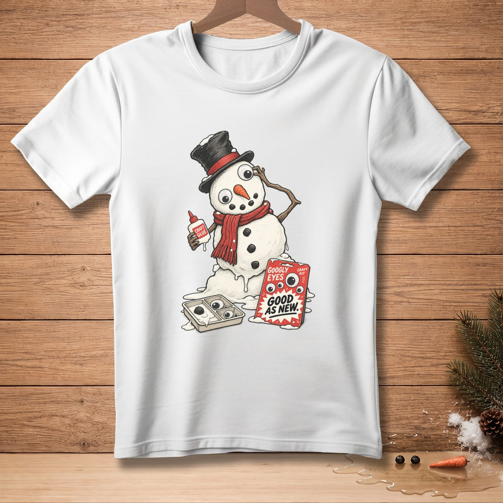Snowman with googly eyes craft kit and glue bottle, melting.