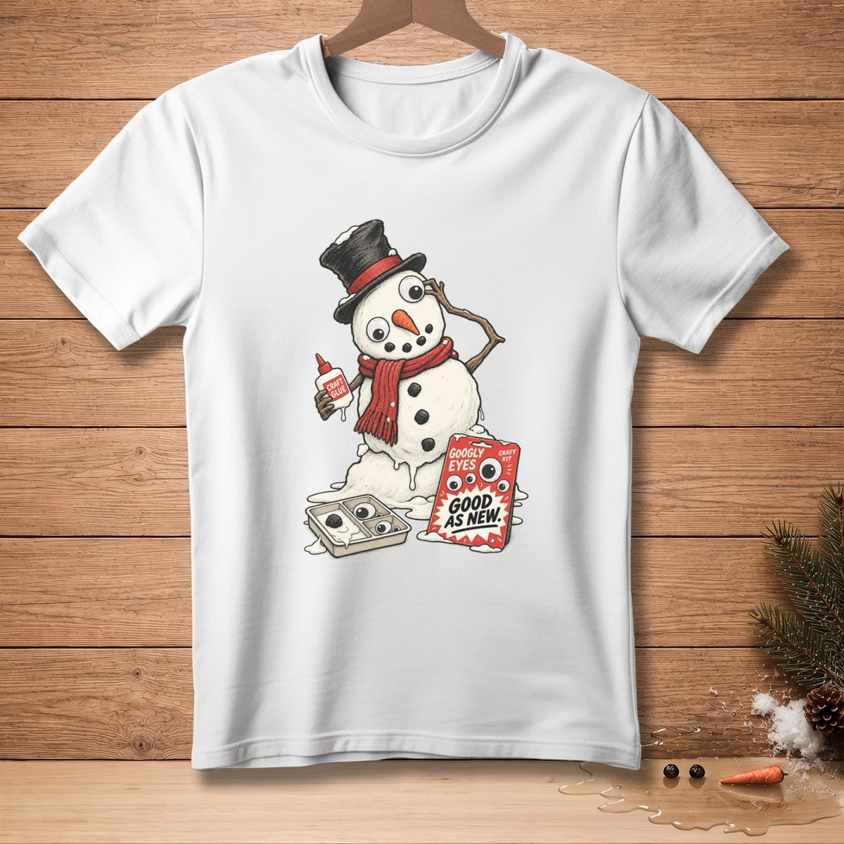 Snowman with googly eyes craft kit and glue bottle, melting.
