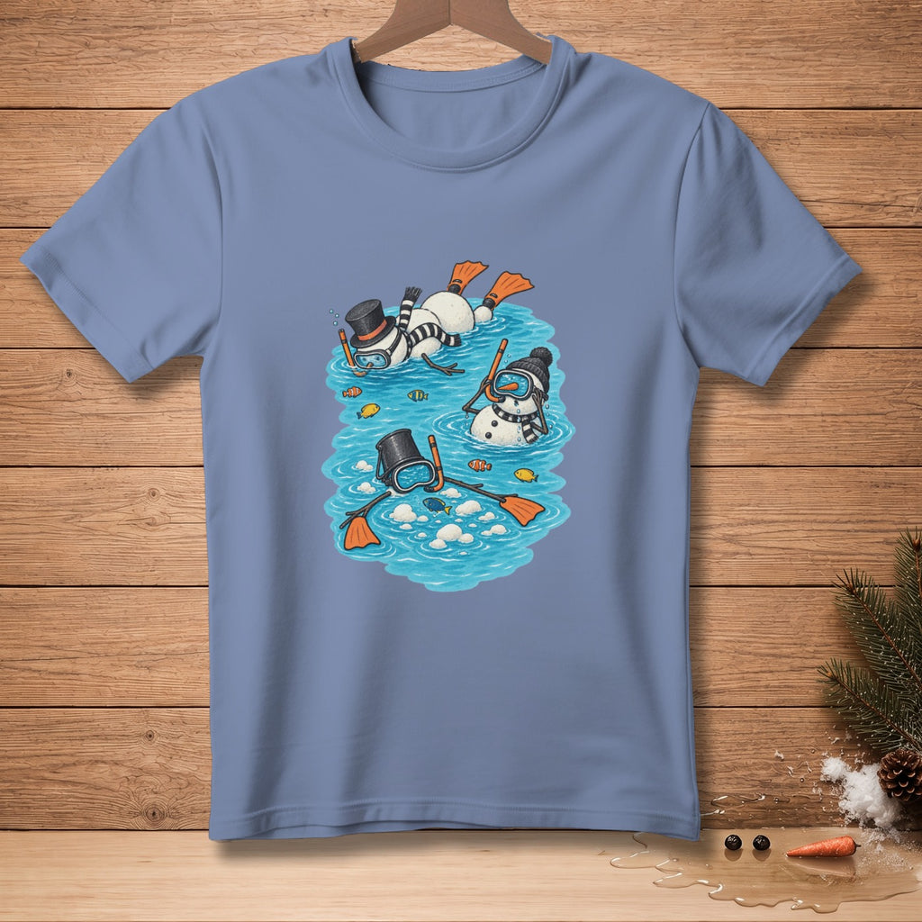 Illustration of snowmen in snorkels and flippers swimming with fish.