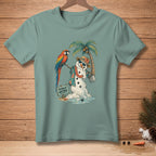 Melting snowman in sunglasses and Hawaiian shirt with parrot, palm tree, and sign.