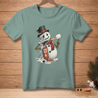 Melting snowman with gas torch and marshmallow on t-shirt graphic.