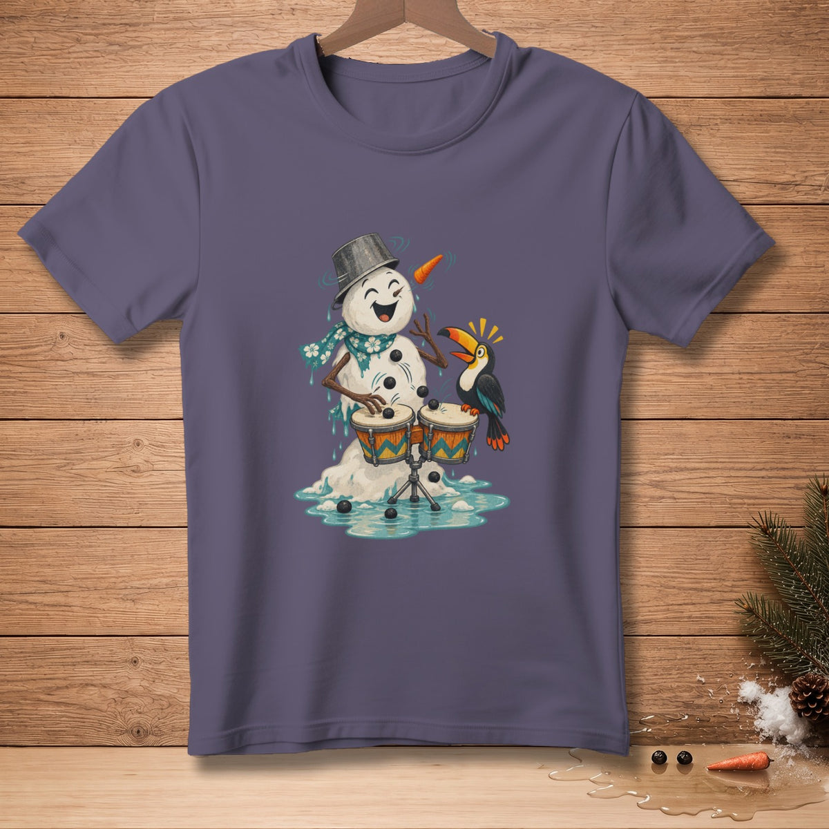Snowman playing drums with a toucan on a purple t-shirt.