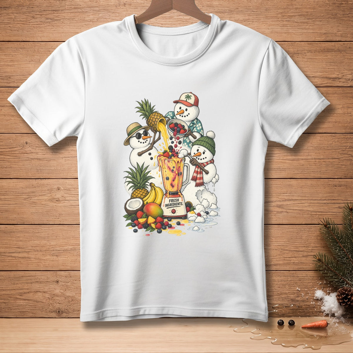 Three snowmen make a fruit smoothie with a blender and fresh fruits.