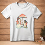 Melting snowman and penguin under umbrella with text "You're no help."