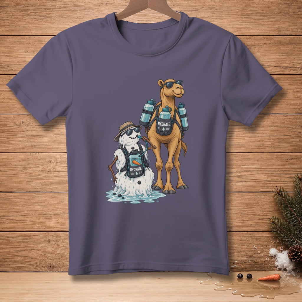 Camel and melting snowman with "HYDRATE" packs on a purple t-shirt.