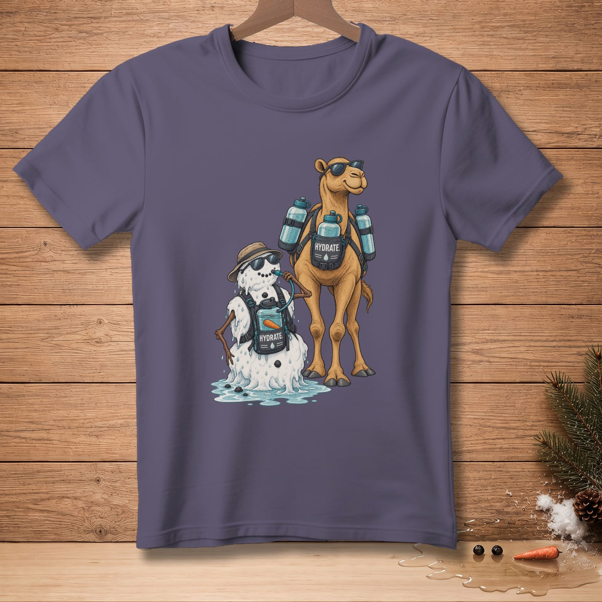 Camel and melting snowman with "HYDRATE" packs on a purple t-shirt.