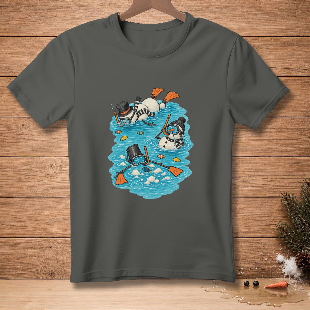 Three snowmen wearing snorkeling gear swim in blue water with small fish.