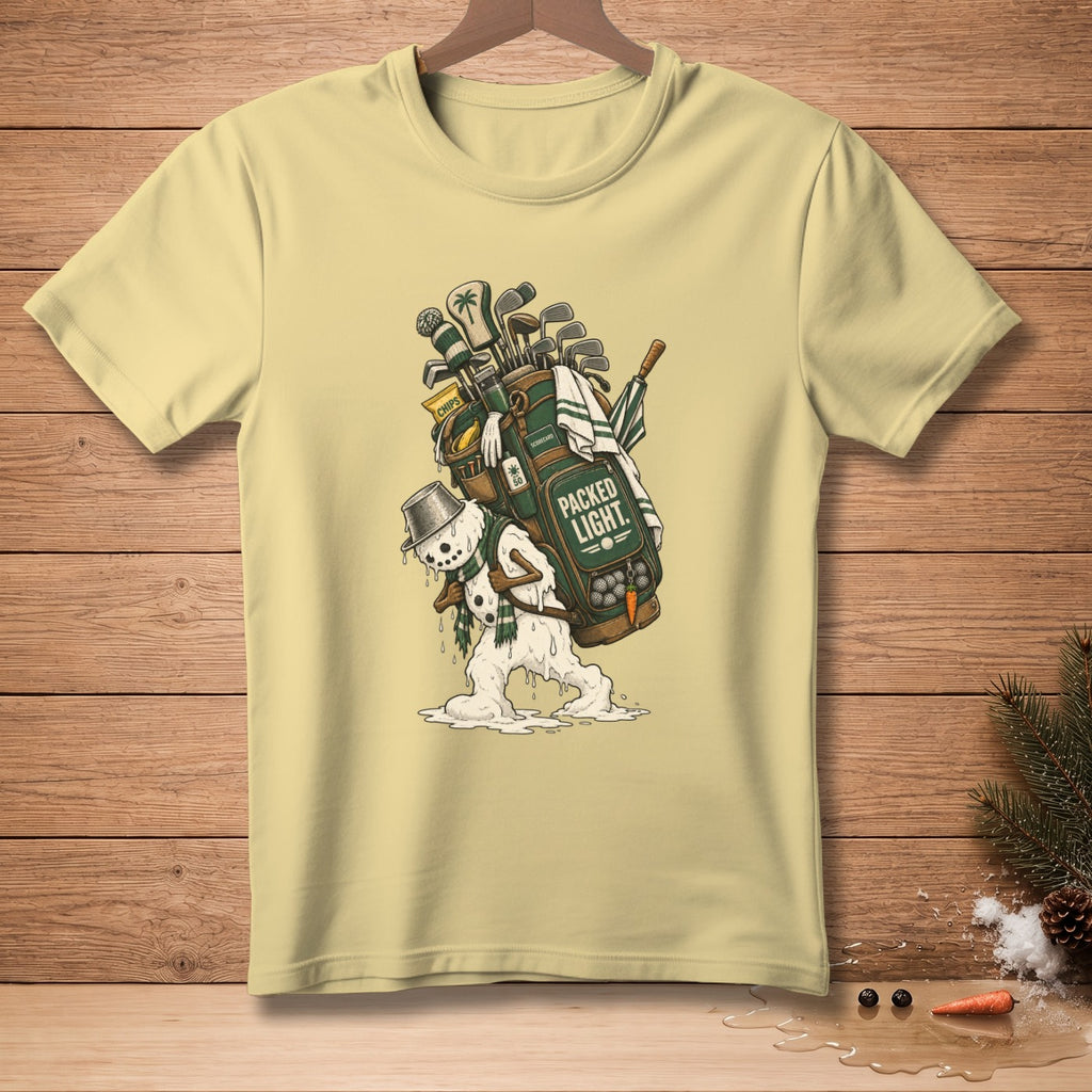 Melting snowman carries a golf bag with clubs, umbrella, and "PACKED LIGHT" text.