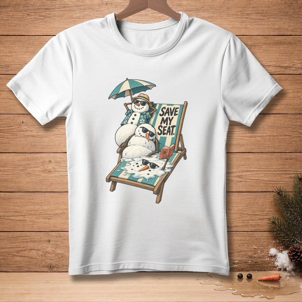 Snowmen on a beach chair under an umbrella, text "SAVE MY SEAT".