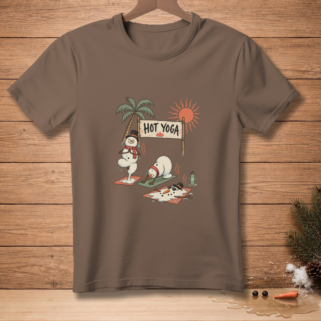 Snowmen doing yoga with a "Hot Yoga" sign on a brown t-shirt.