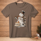 Snowman wearing a top hat and scarf, making coffee with an espresso machine and cup.