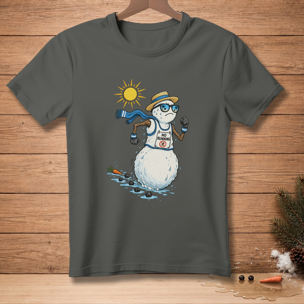 Snowman wearing sunglasses and a scarf runs in the sun with a "No Running" sign.