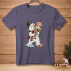 Melting snowman in top hat and scarf holding dripping ice cream cone with "Photo Finish" text.