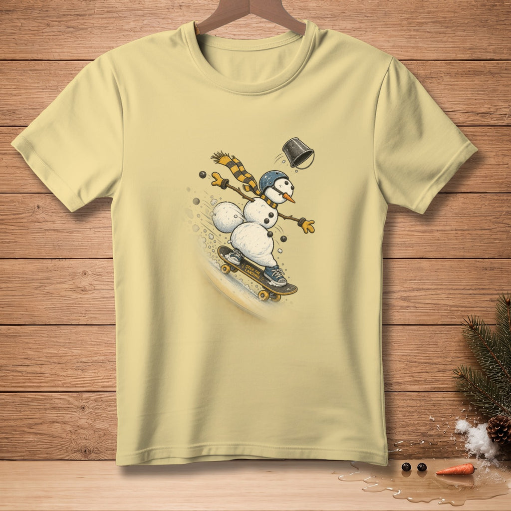 Snowman with scarf and helmet skateboarding, "Stick the Landing" text on skateboard.