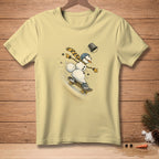 Snowman with scarf and helmet skateboarding, "Stick the Landing" text on skateboard.