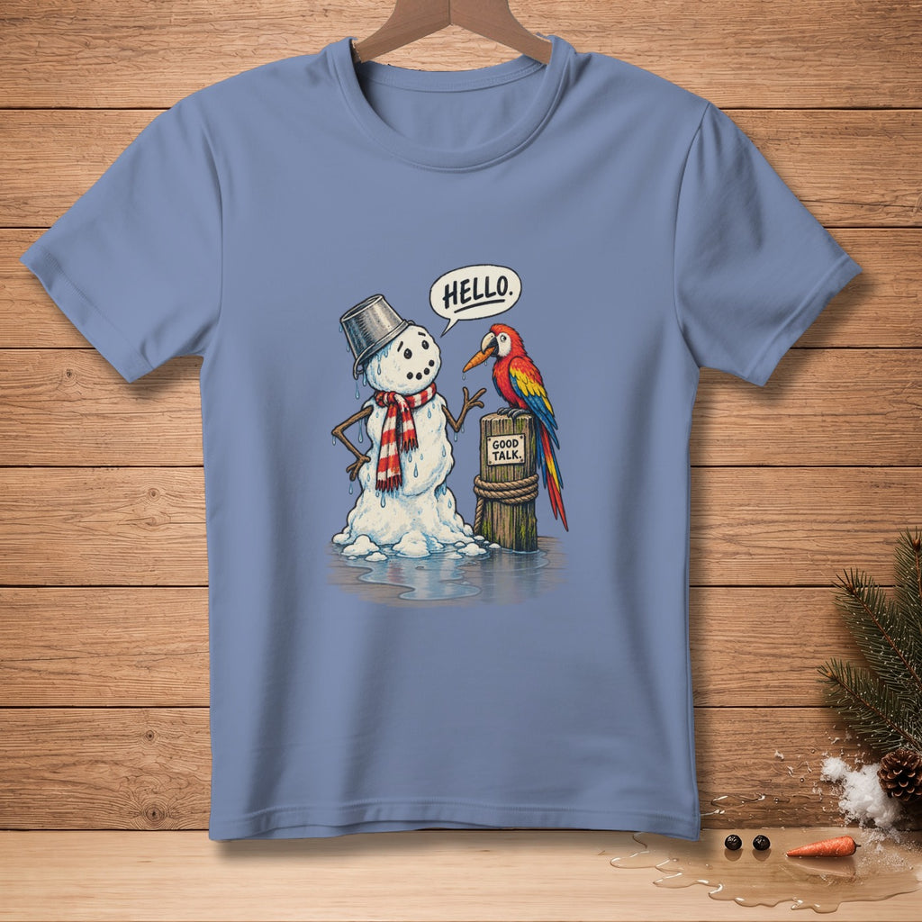 Snowman with bucket hat and scarf talks to a parrot on a post that says "GOOD TALK."