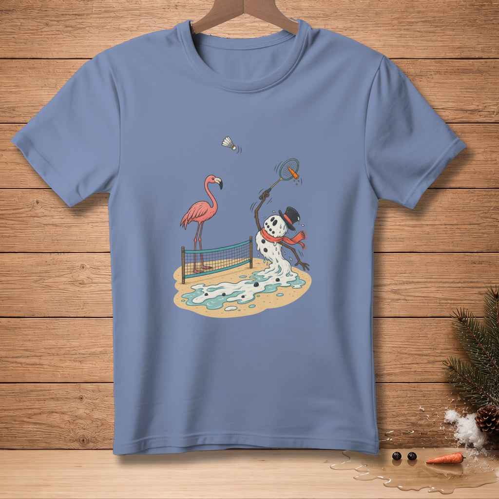 Melting snowman playing badminton with a flamingo on a sandy court.