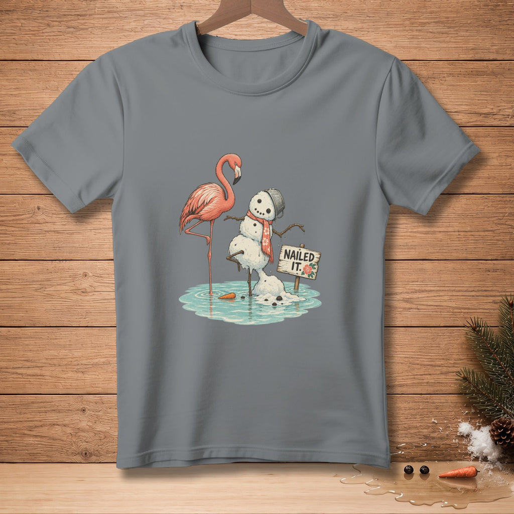 Flamingo and melting snowman near a "NAILED IT." sign in puddle.